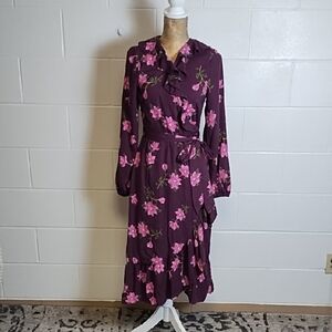 Draper James Purple Long Bishop Sleeve Ruffle Wraparound Dress In Burgundy Pink